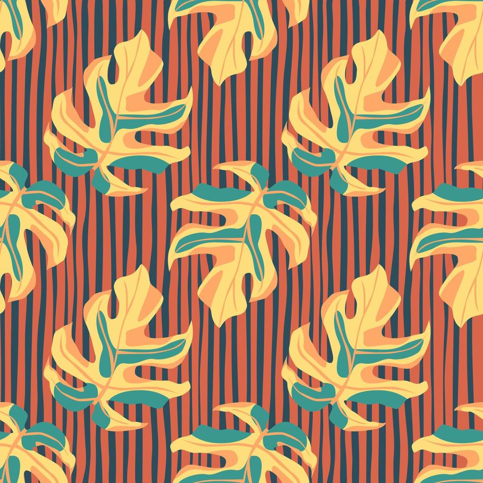 Orange monstera leaves seamless pattern. Stylized exotic print with stripped background. vector