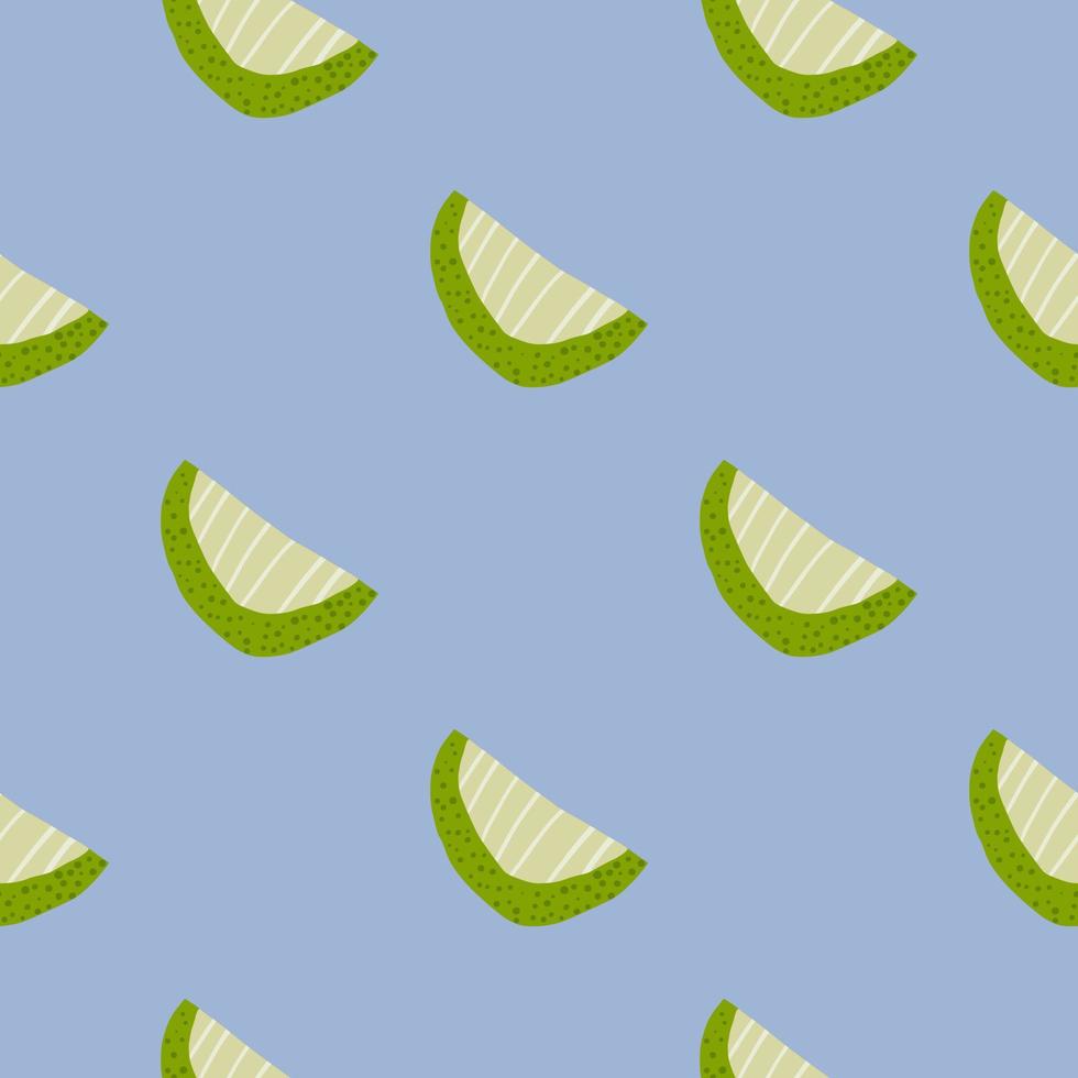 Simple minimalistic seamless pattern with clices forms. Green and light fruit shapes on blue background. vector