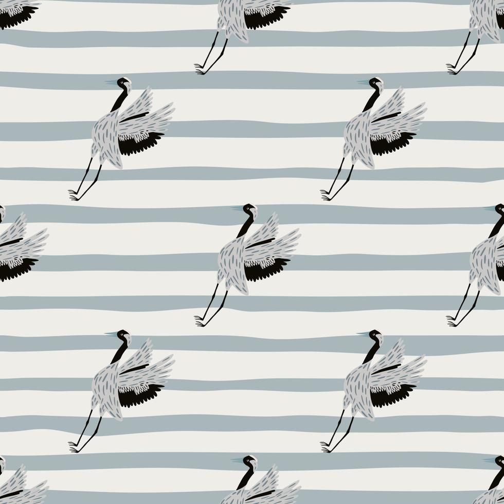 garabato animal divertido patrón sin costuras con formas simples de aves de grúa. fondo rayado diseño simple. vector