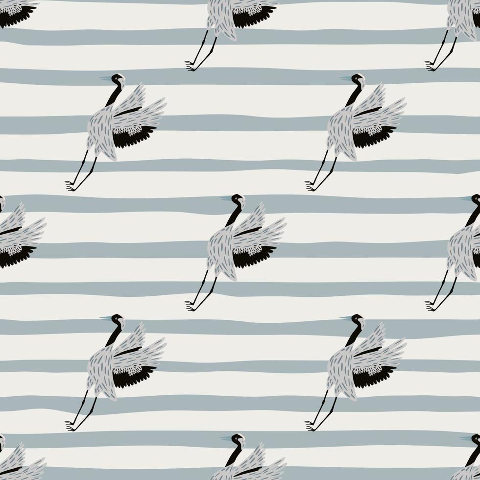 Doodle funny animal seamless pattern with simple crane bird shapes. Striped background. Simple design. vector