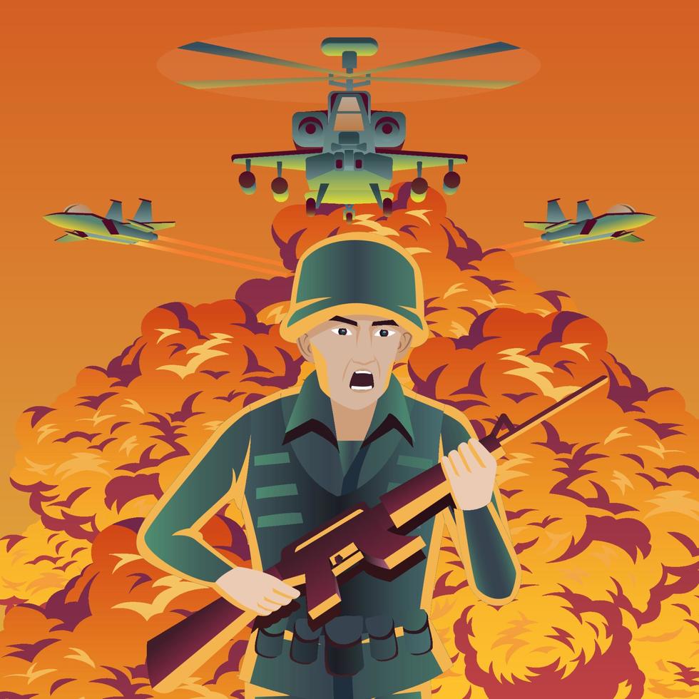 Cartoon design of soldier escape bomb while helicopter and fight aircraft fly over vector