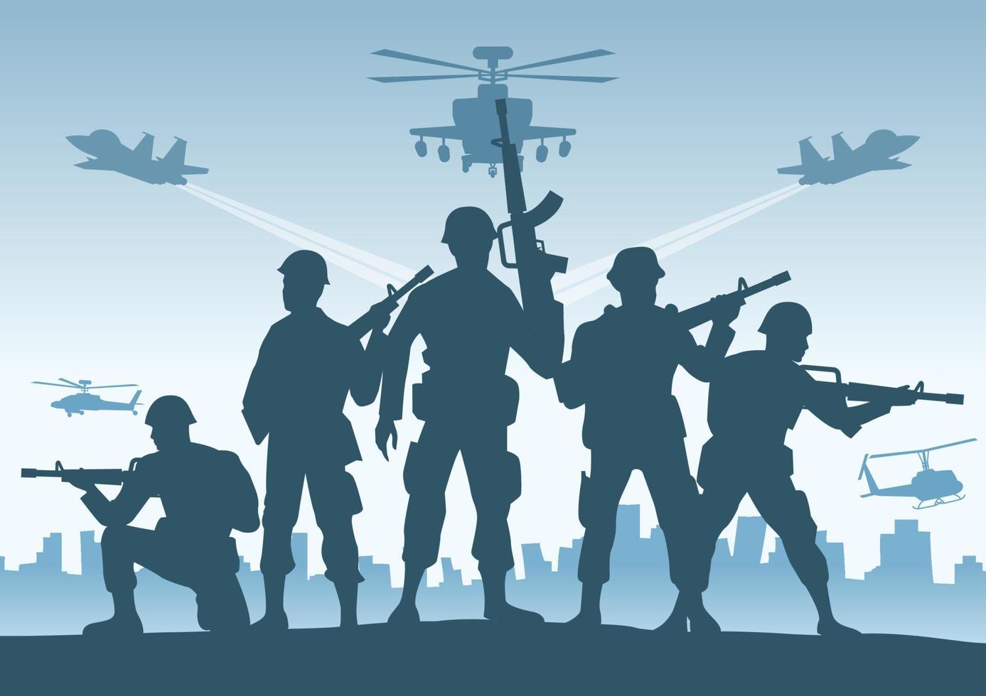 Silhouette design of soldier standing and hold gun in the city in the war vector