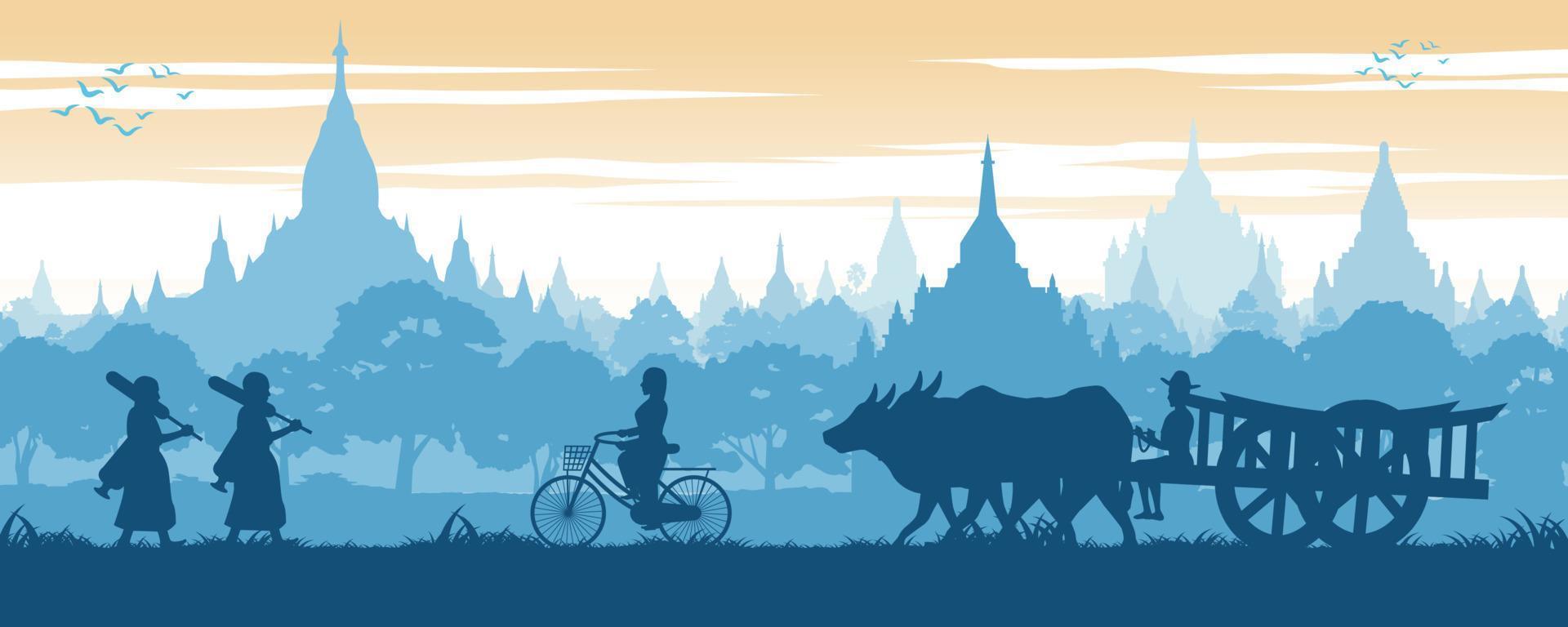 el paisaje de la asean fondo del país de myanmar con el mar de la pagoda mientras el monje en peregrinación la mujer monta en bicicleta y el hombre en el carro de la vaca vector