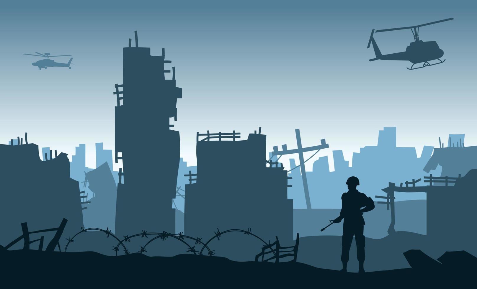 Silhouette design of soldier standing and hold gun in the city after of the war vector