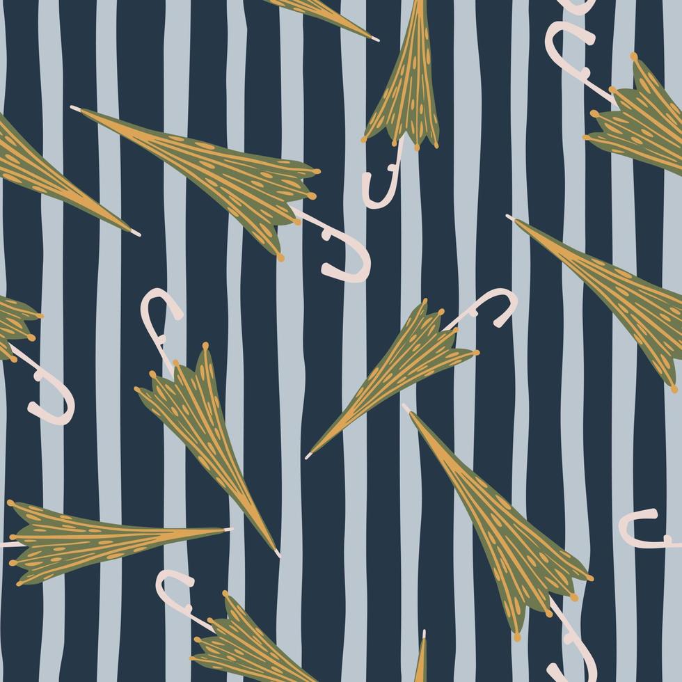 Random seamless style pattern with umbrella accessory. Striped navy blue and grey background. vector