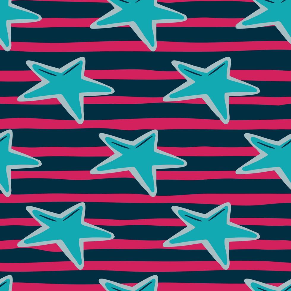 Bright seamless pattern with doodle hand drawn star details. Blue geometric shapes on navy blue and pink sripped background. vector