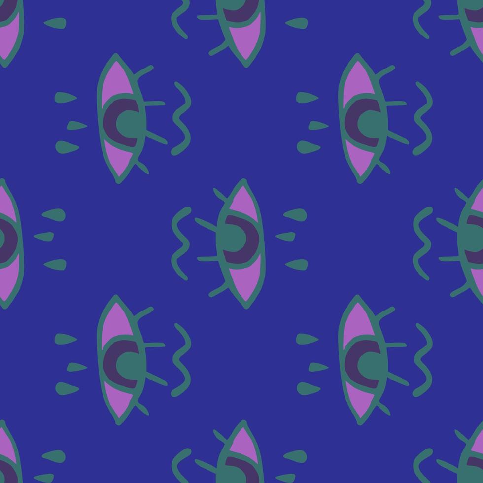 Seamless doodle pattern with cry eyes ornament. Indigo blue background and purple eye elements. vector