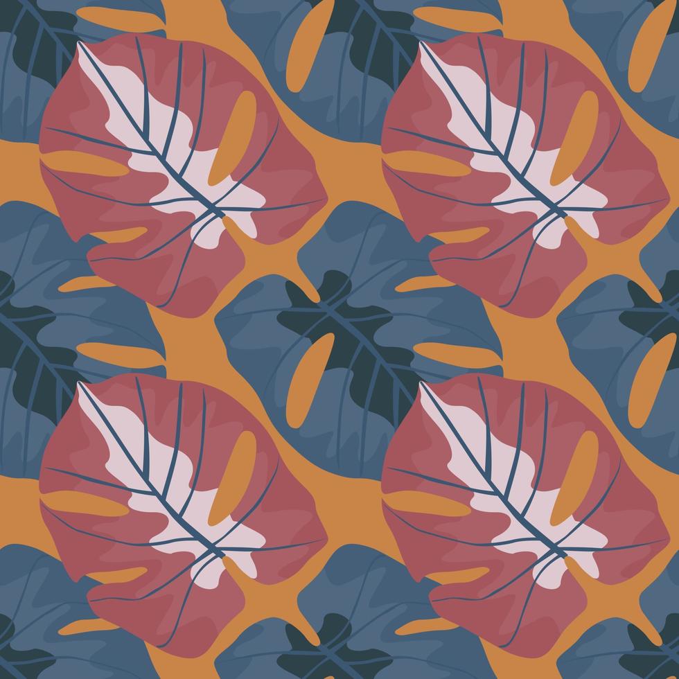 Pale colorful seamless pattern with red and navy blue tones monstera leafs. Orange background. Botanical print. vector