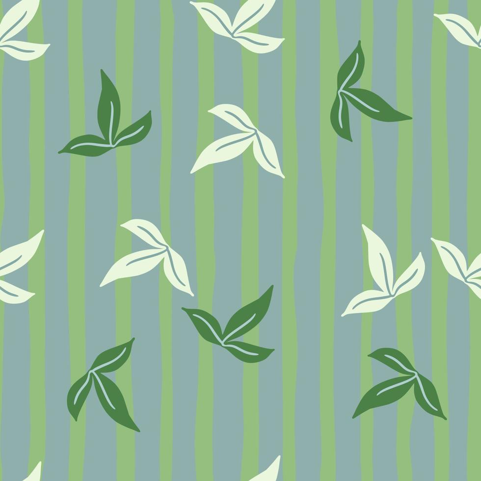 Decorative seamless pattern with doodle minimalistic leaves in green and white colors. Striped background. vector