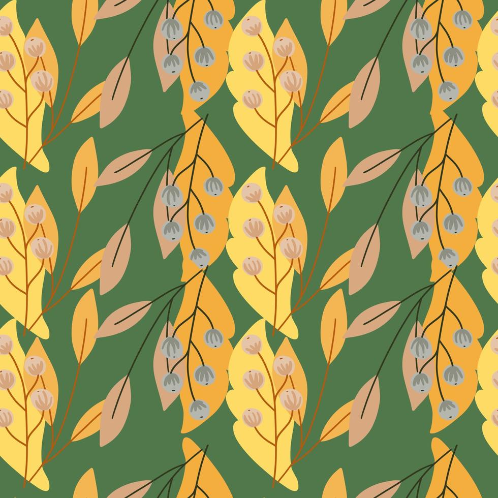 Orange and yellow colored rowan berry elements seamless doodle pattern. Green background. Autumn season print. vector