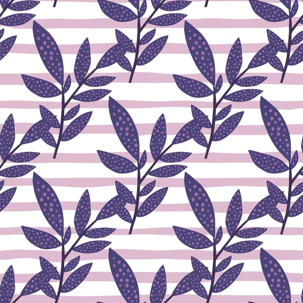Seamless branch doodle pattern. Diagonal located foliage in navy blue color on stripped background with white and lilac lines. vector