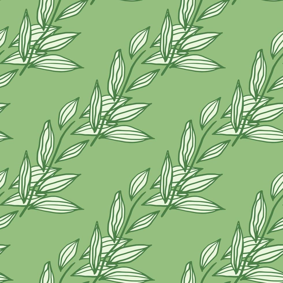 Pastel seamless doodle pattern with foliage contoured shapes. White floral outline ornament on light green background. vector