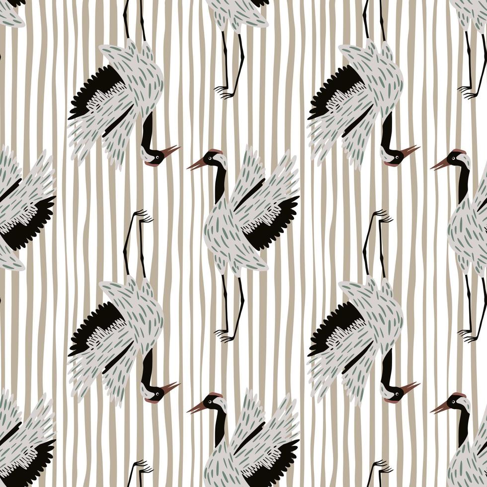 Abstract asian animal seamless pattern with doodle crane bird silhouettes. Light striped background. vector