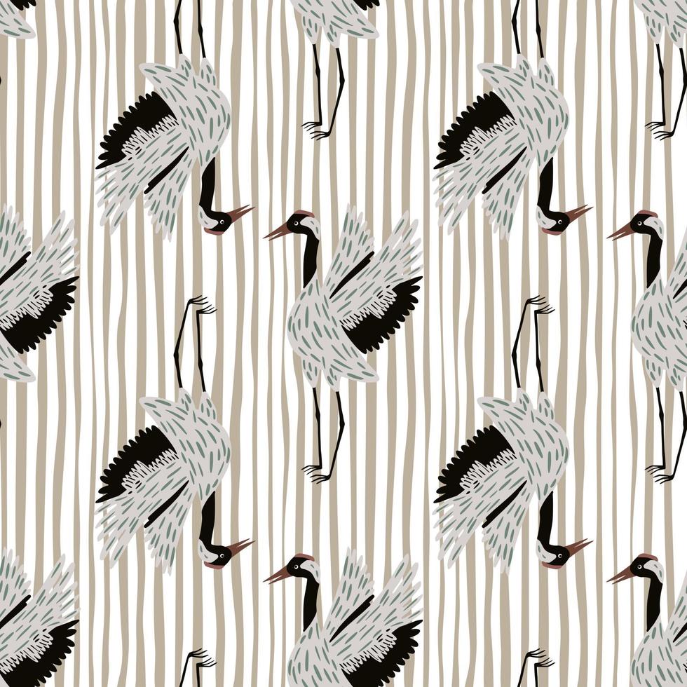 Abstract asian animal seamless pattern with doodle crane bird silhouettes. Light striped background. vector