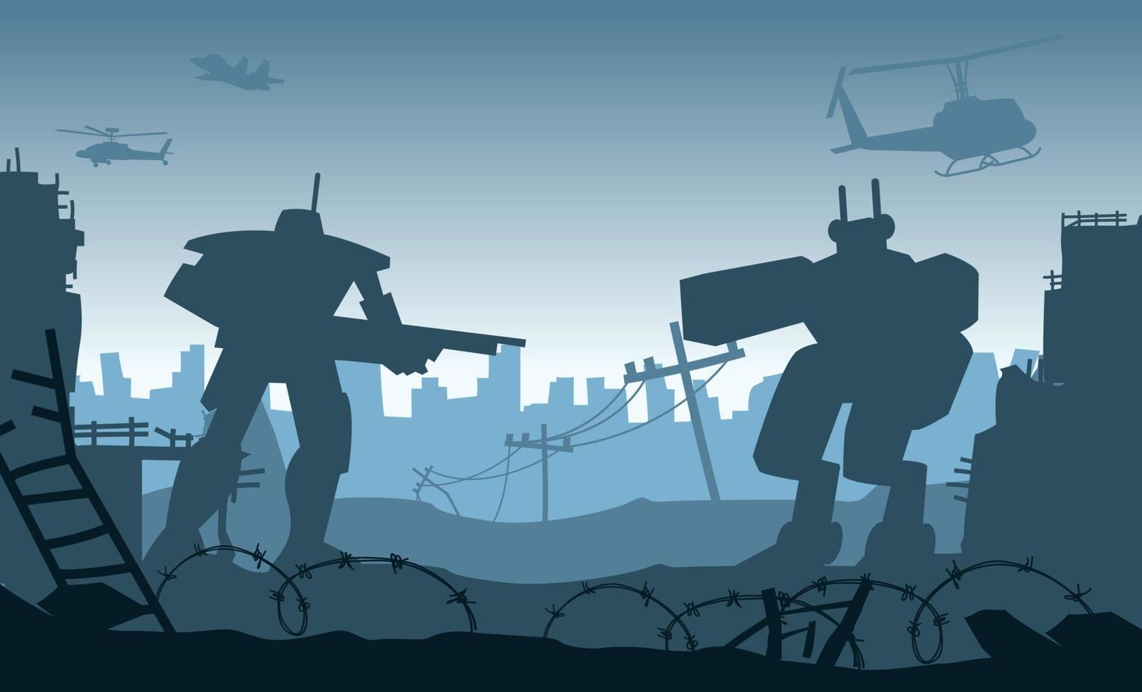 Silhouette design of robot are fighting in destroyed city after of war vector