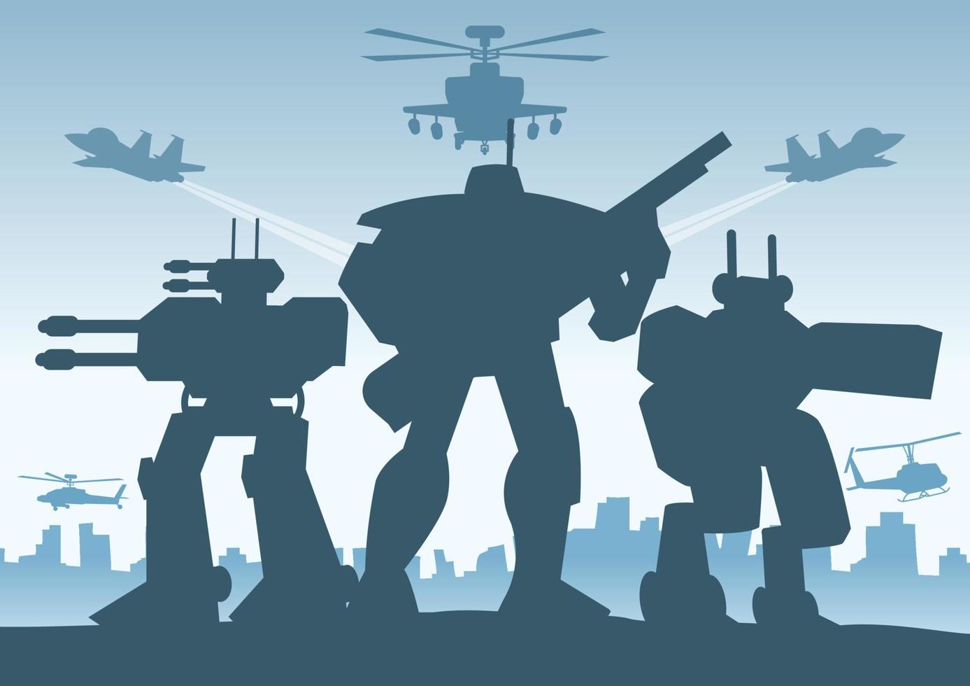 Silhouette design of robot soldier standing and hold gun in the city in between the war situation vector