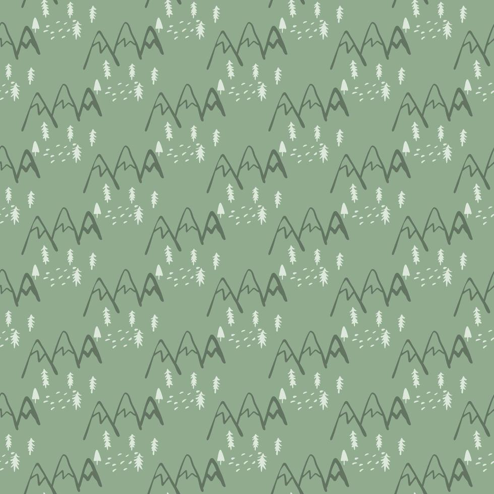 Seamless pattern with trees and mountains on green background. Scandinavian endless woodland wallpaper. vector