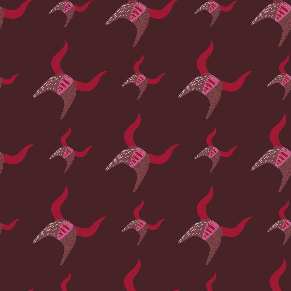 Doodle seamless pattern in maroon tones with viking helmets. Norway ancient print in red and pink dark tones. Battle elements backdrop. vector