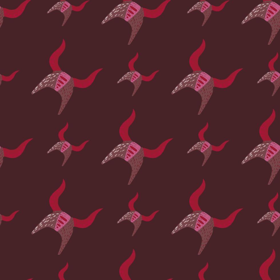 Doodle seamless pattern in maroon tones with viking helmets. Norway ancient print in red and pink dark tones. Battle elements backdrop. vector