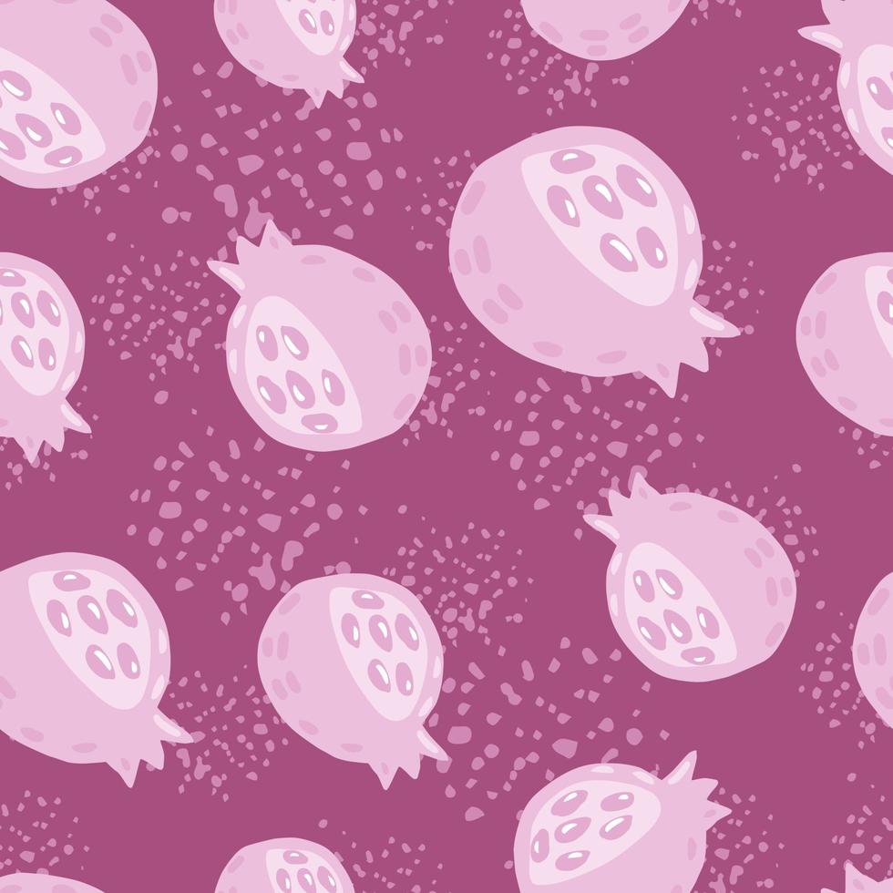 Random fruit seamless pattern with garnet silhouettes. Light pastel food ornament on lilac background with splashes. vector