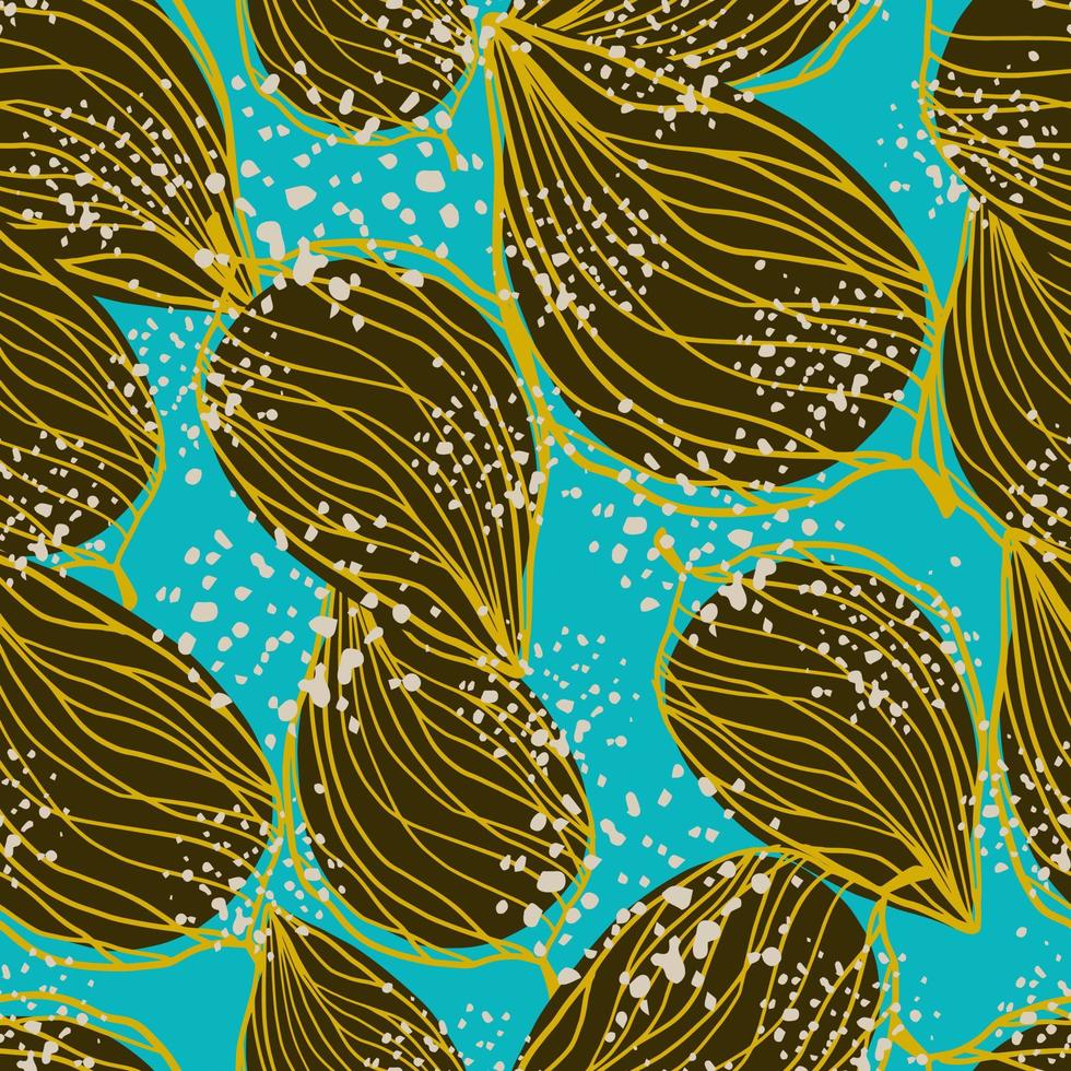 Brown leaves with yellow contour seamless pattern. Doodle floral random ornament on blue background with splashes. vector