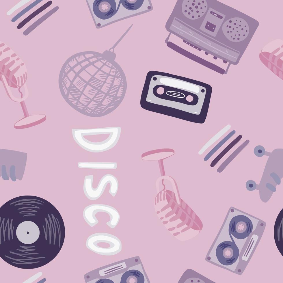 Random seamless disco pattern with ball, microphone, rollers, cassette, tape recorder, vinyl, record sornament. Purple and lilac palette creative print. vector