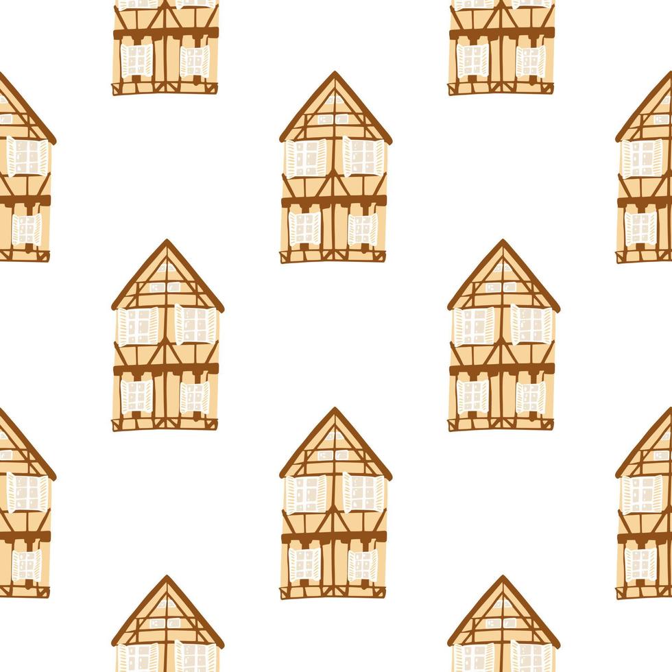 Doodle brown house ornament seamless isolated pattern. White background. Cartoon print. vector