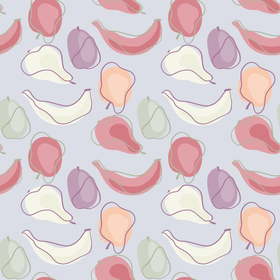 Healthy seamless pattern with random contoured apples, bananas, plums and pears. Blue pastel background. vector