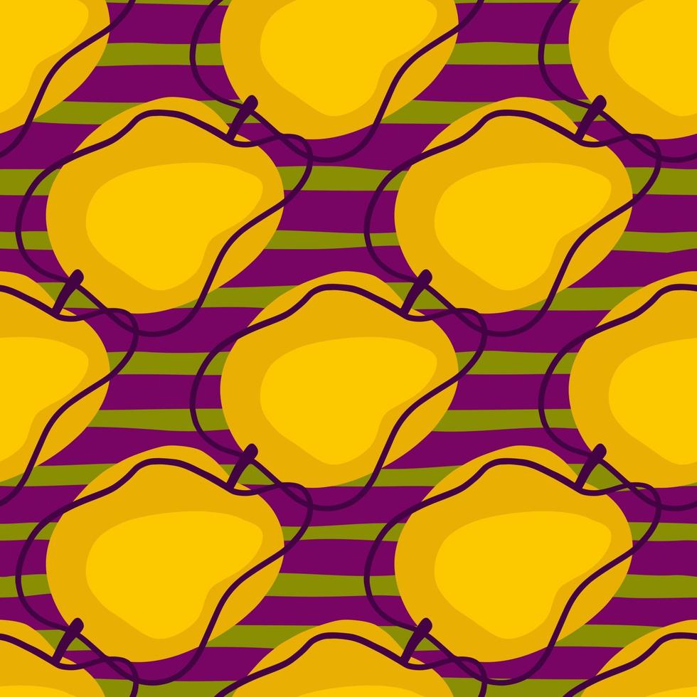 Fruit organic seamless pattern with bright orange abstract plum shapes. Purple and green striped background. vector