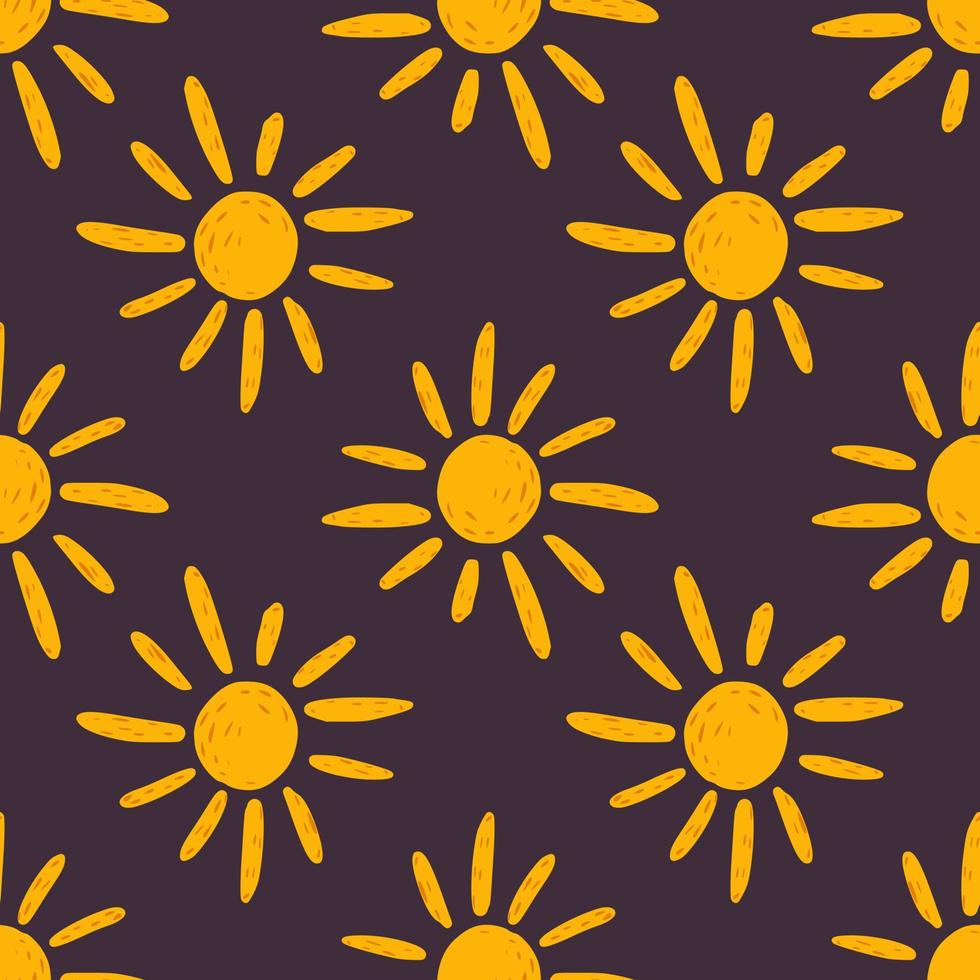 Bright simple geometric pattern with cartoon sun yellow ornament. Purple background. vector