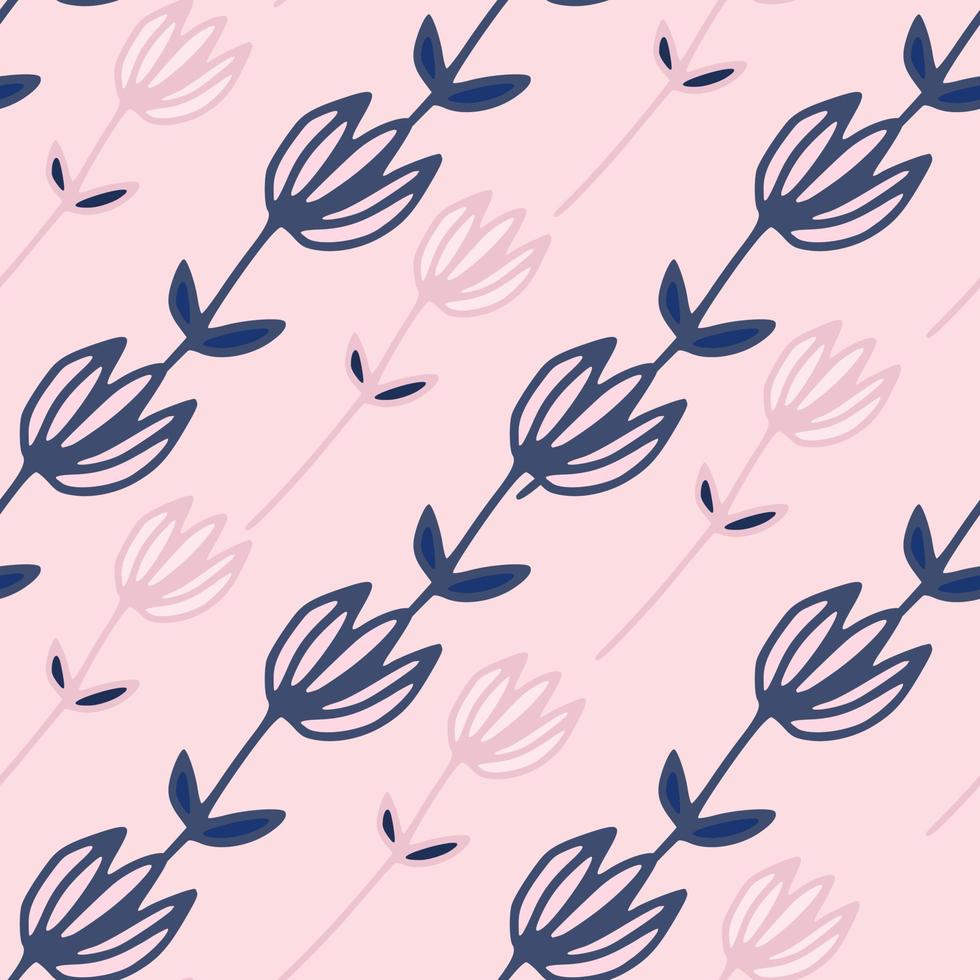 Botanic seamless pattern with tulip flower silhouettes on light pink background. Navy blue contoured ornament. vector