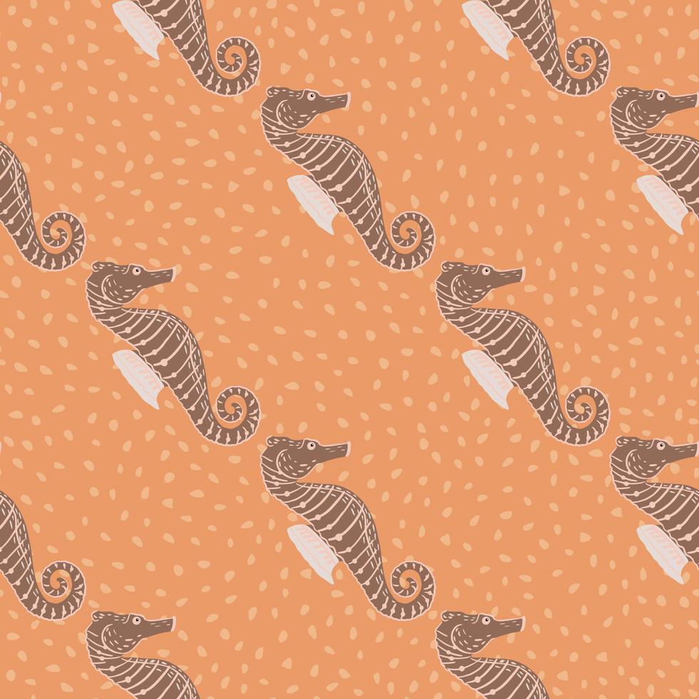 Cartoon seamless pattern with beige seahorse ornament. Orange dotted background. Pastel tones artwork. vector