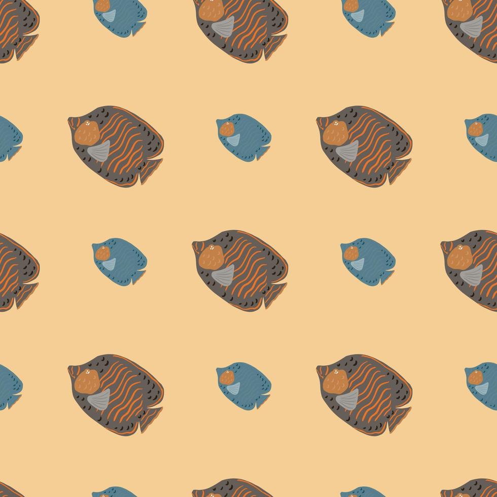 Cartoon pastel palette seamless pattern with brown and blue butterfly fish elements. Light background. vector