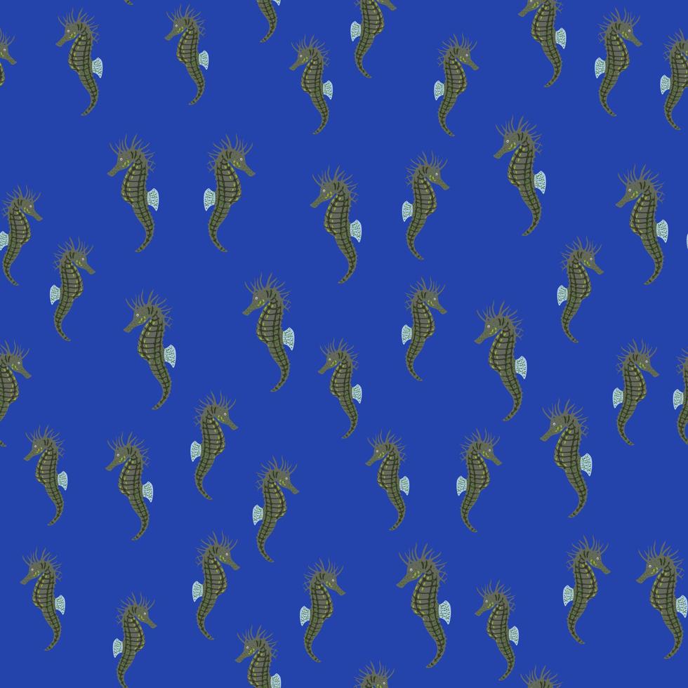 Nature wild seamless pattern with aquatic little seahorse ornament. Bright blue background. Random print. vector