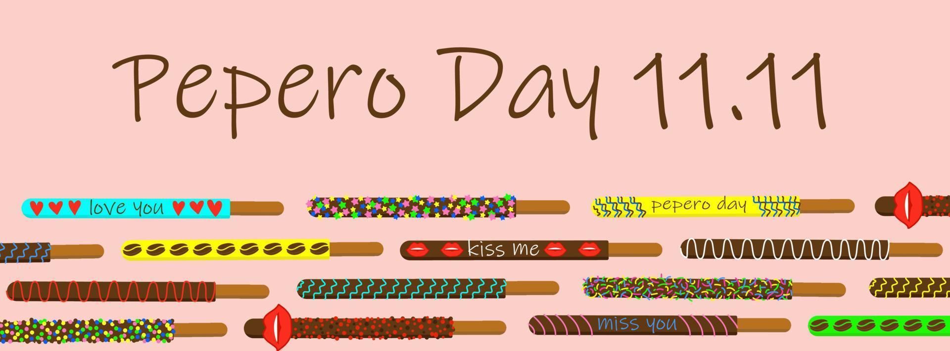 Pepero day. Border of biscuit sticks. Sweet straws in chocolate sprinkled with sugar icing. Vector illustration isolated.