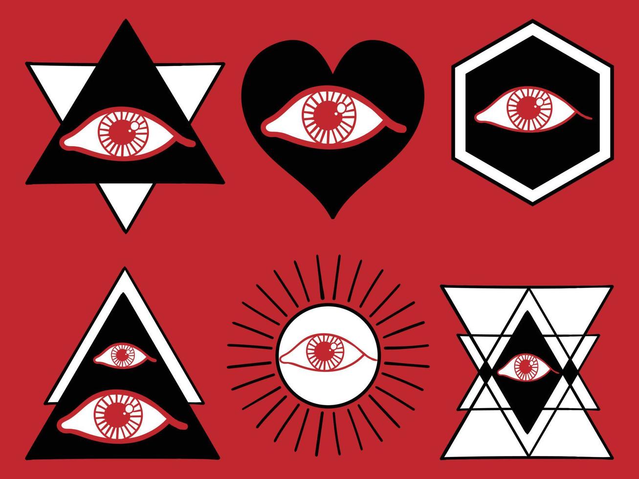 collection of eyes in various shapes, hand drawn style red black and white illustration free vector