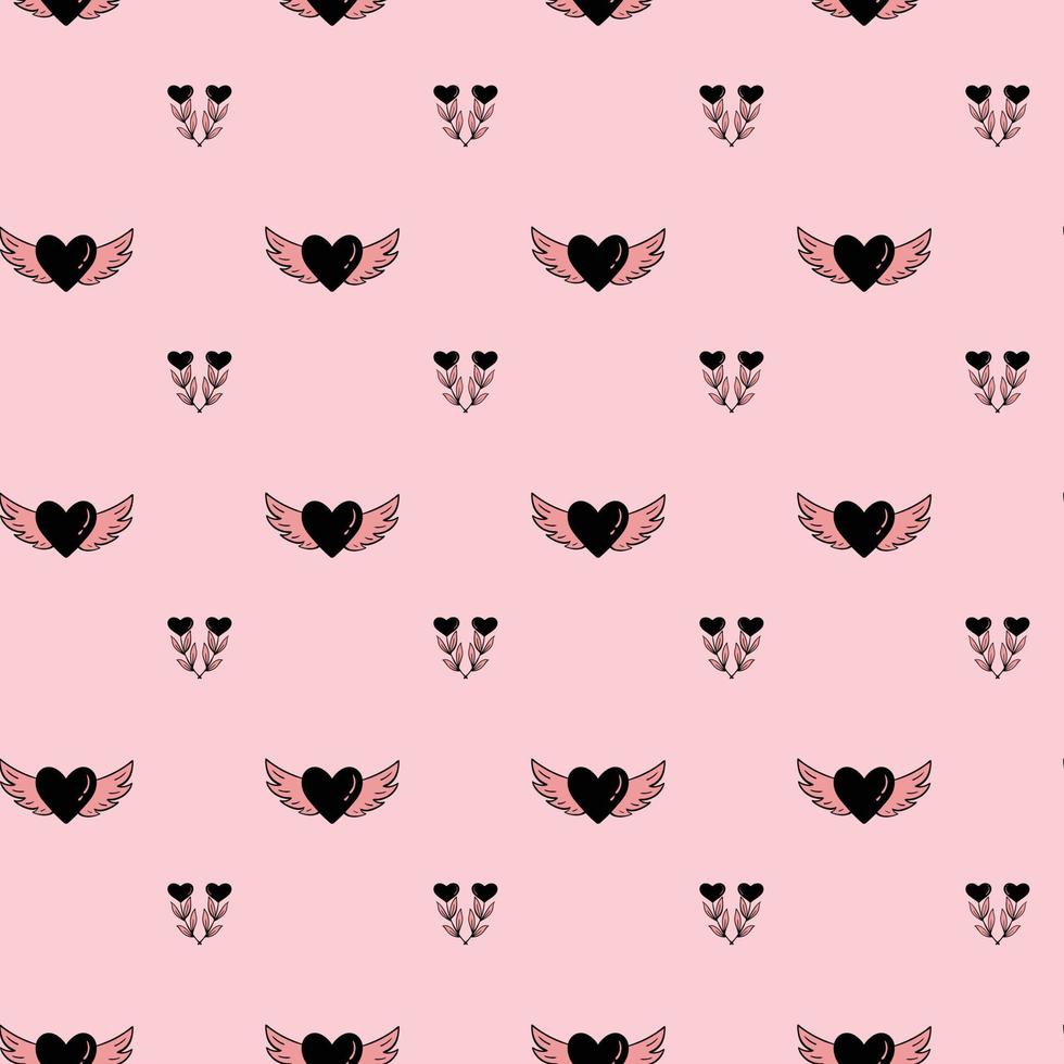 seamless pattern with hand drawn hearts wings and flowers free vector