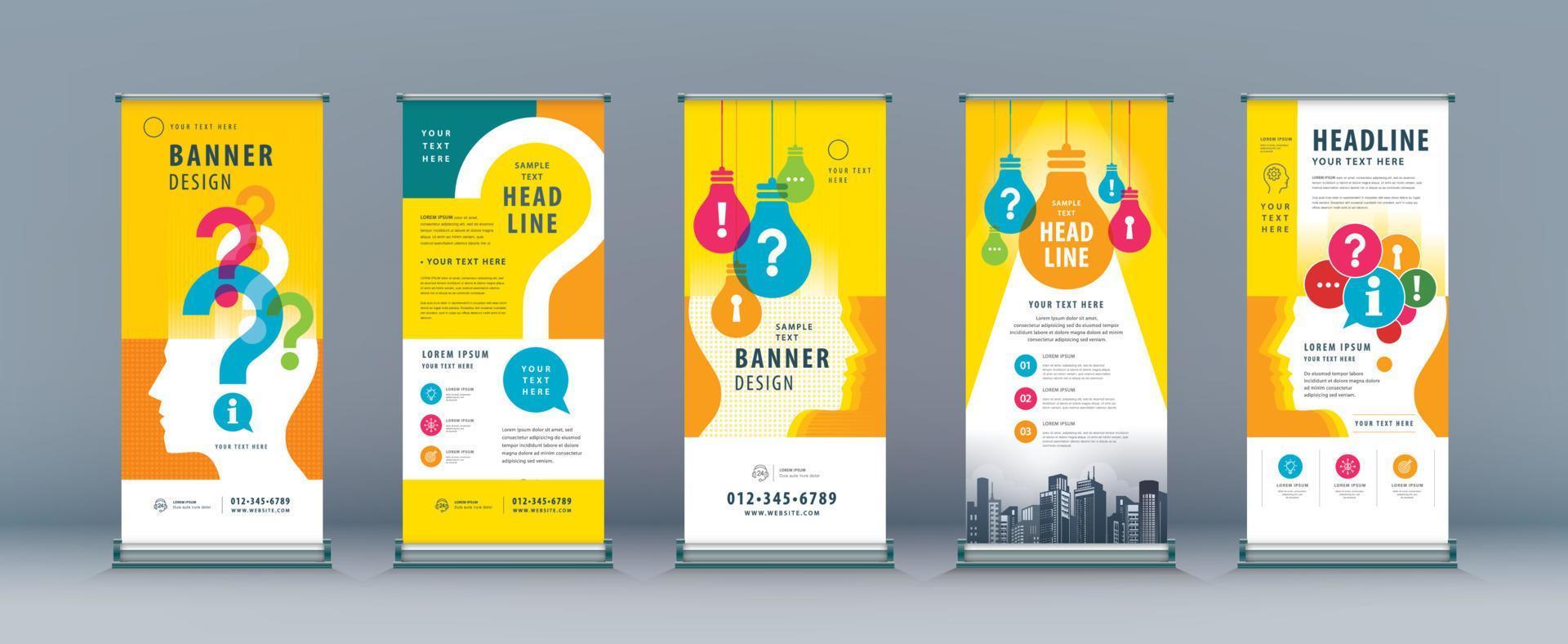 Abstract Colorful Human head with Light Bulb and Question Mark, Business Roll Up Set. Standee Banner Template Design. vector