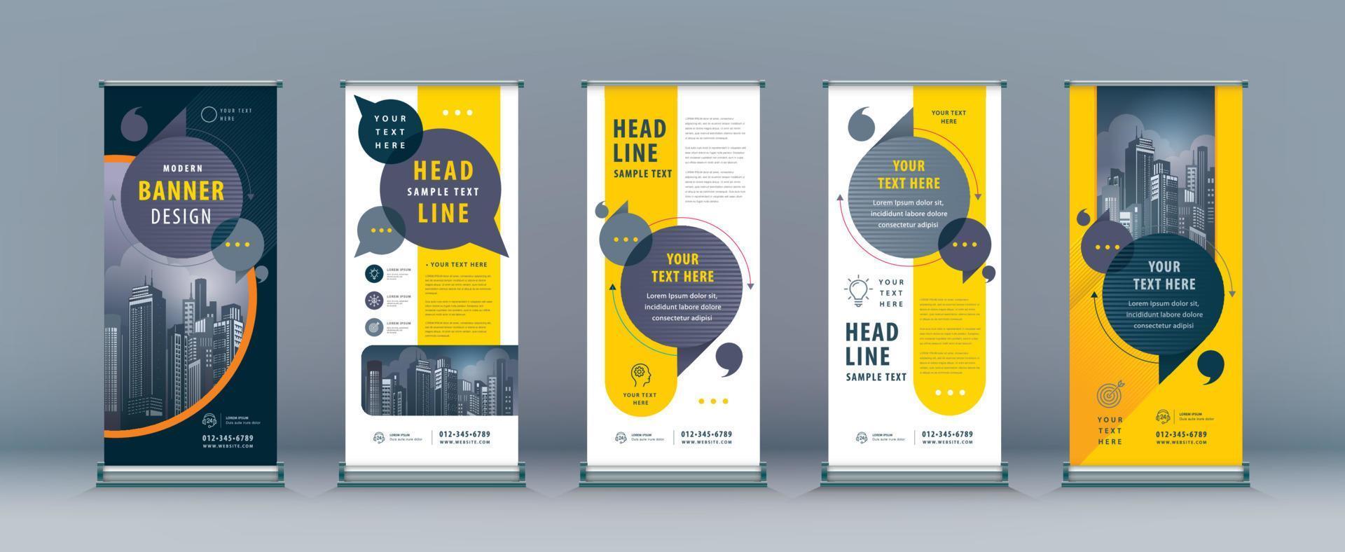 Standee Banner Template Design. Business Roll Up Set. Black and Yellow Speech talk vector