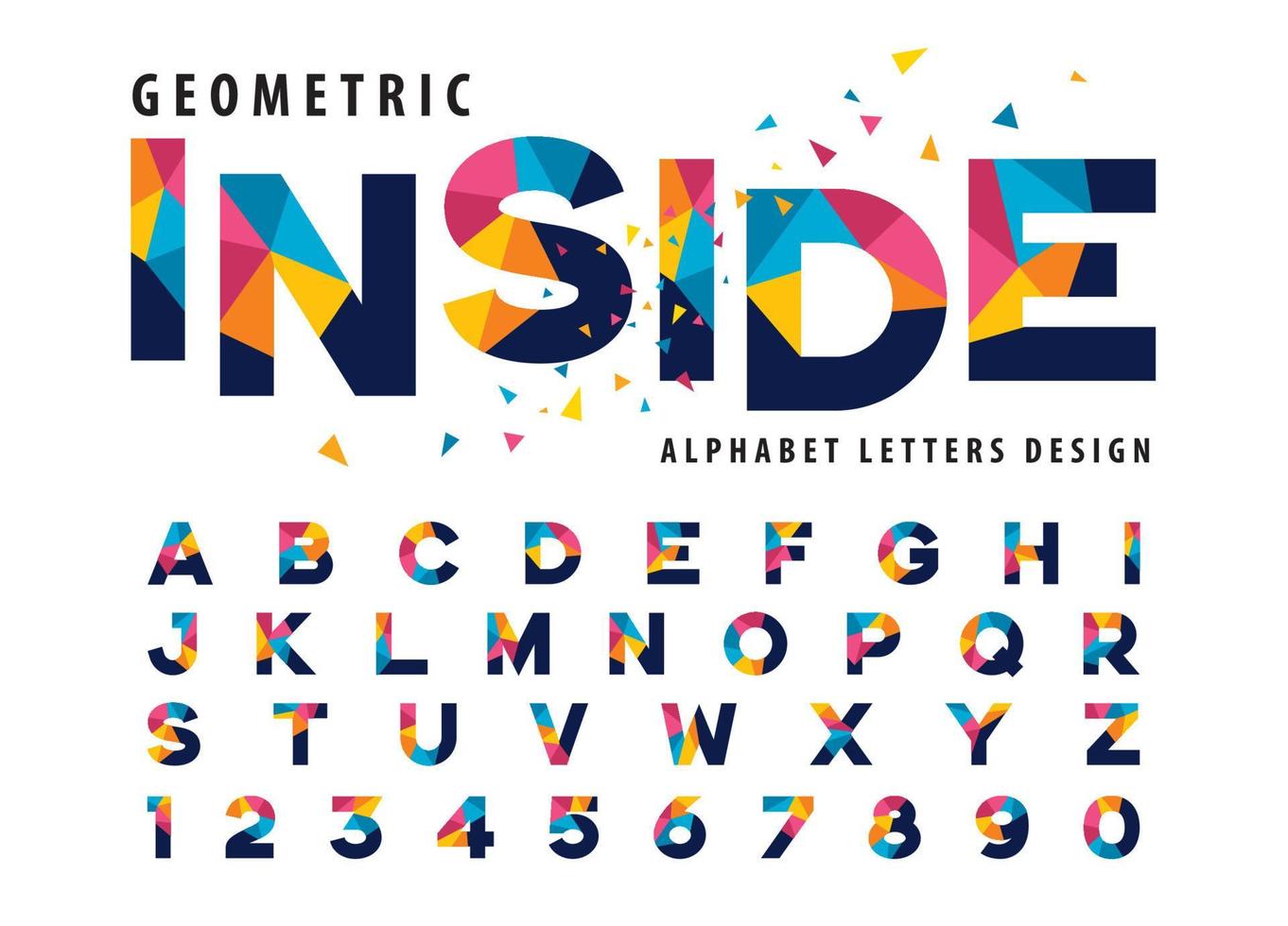 Letras y números del alfabeto geométrico abstracto, letra triangular moderna y colorida vector