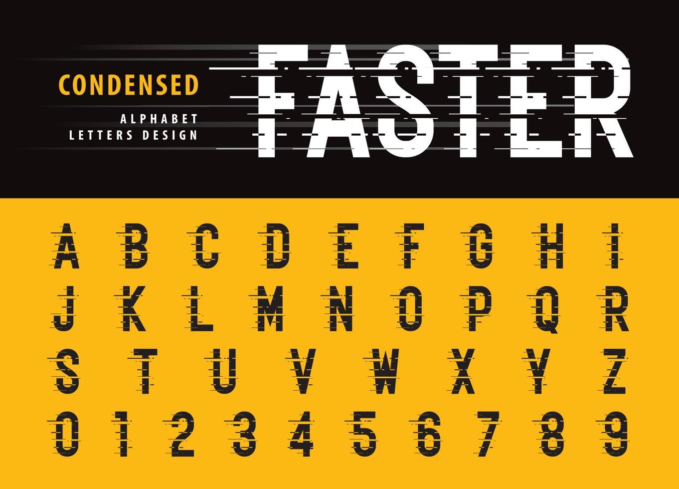 Glitch Modern Condensed Alphabet Letters and numbers, Grunge linear stylized letter fonts vector