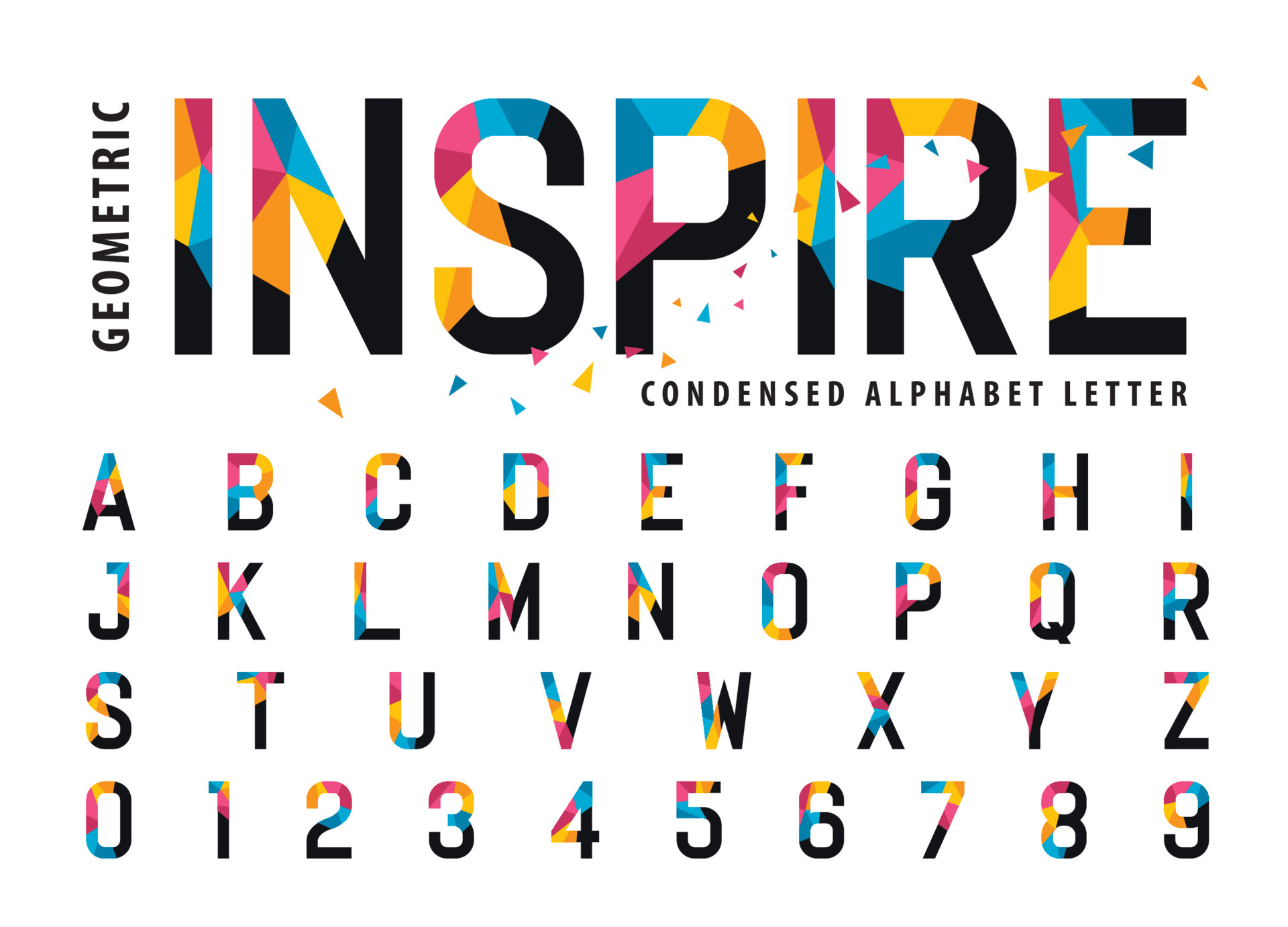 Modern Triangle Light Condensed Letter font, Colorful Geometric Light Alphabet Letters and