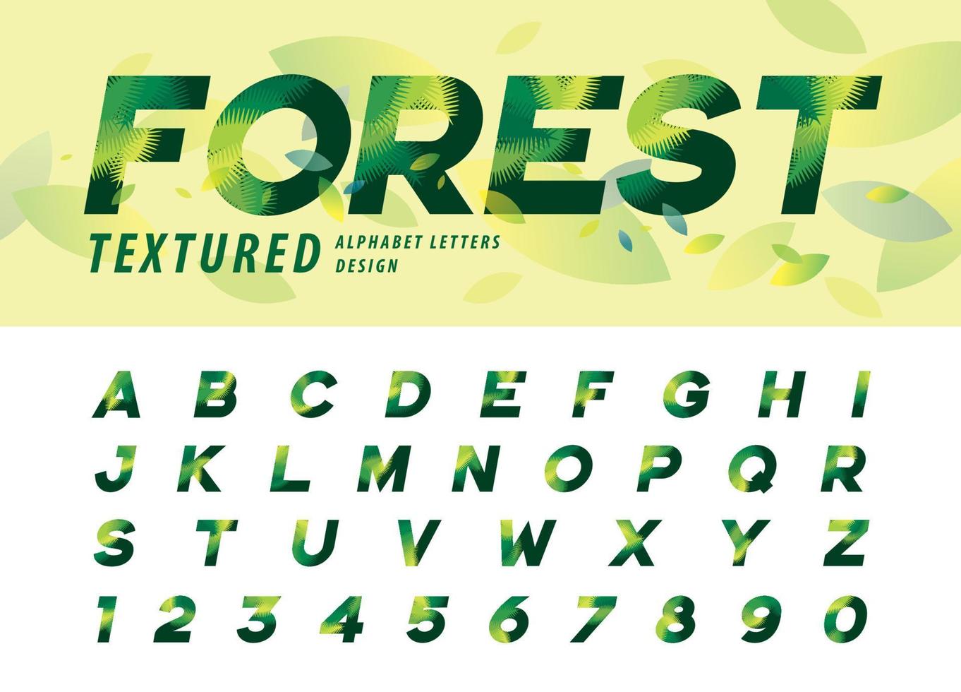 Modern palm leaf Letter, Green Leaves Texture Alphabet Letters and numbers vector