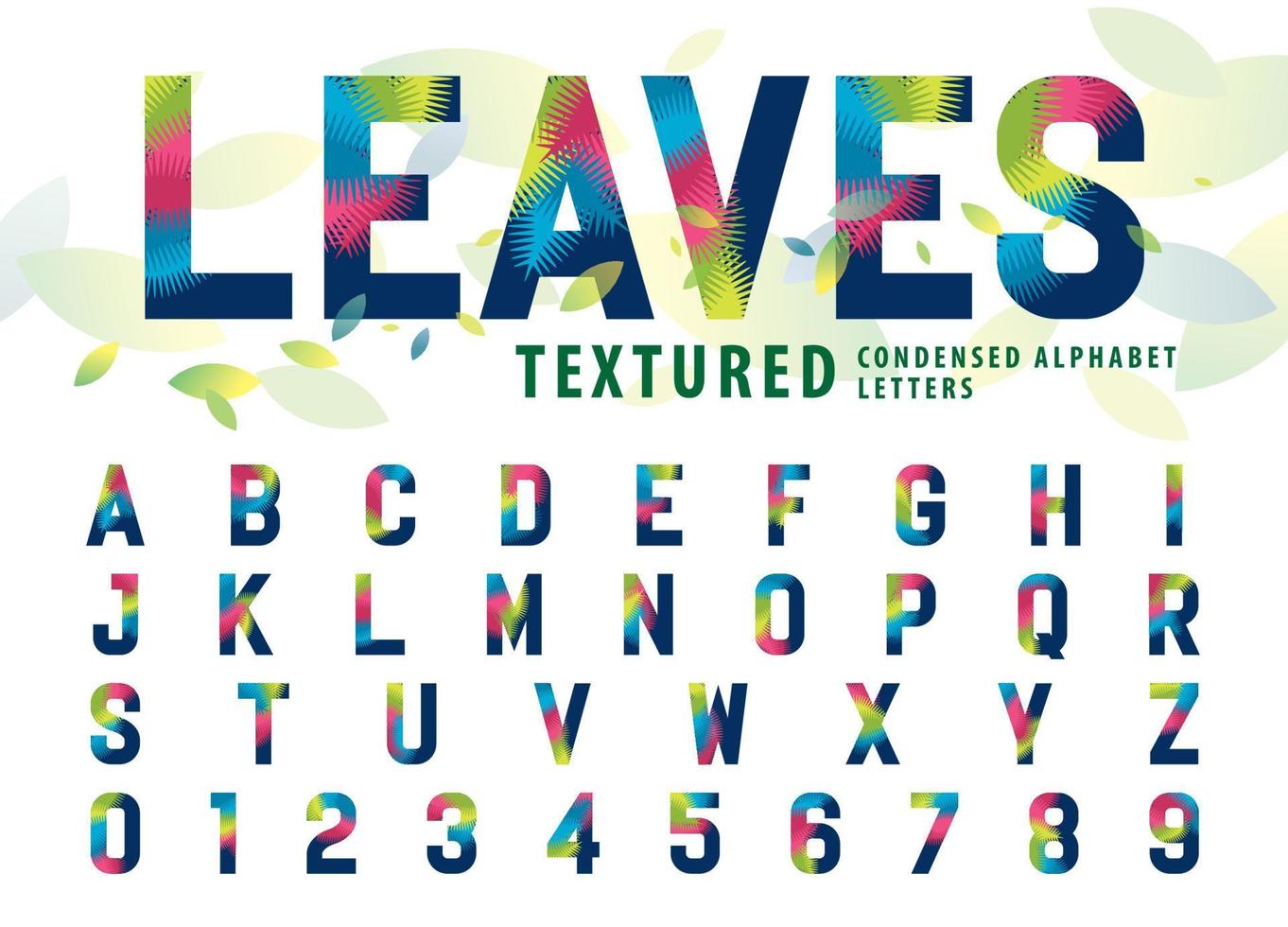 Modern Colorful palm leaf Condensed Letter, Leaves Texture Alphabet Letters and numbers, vector