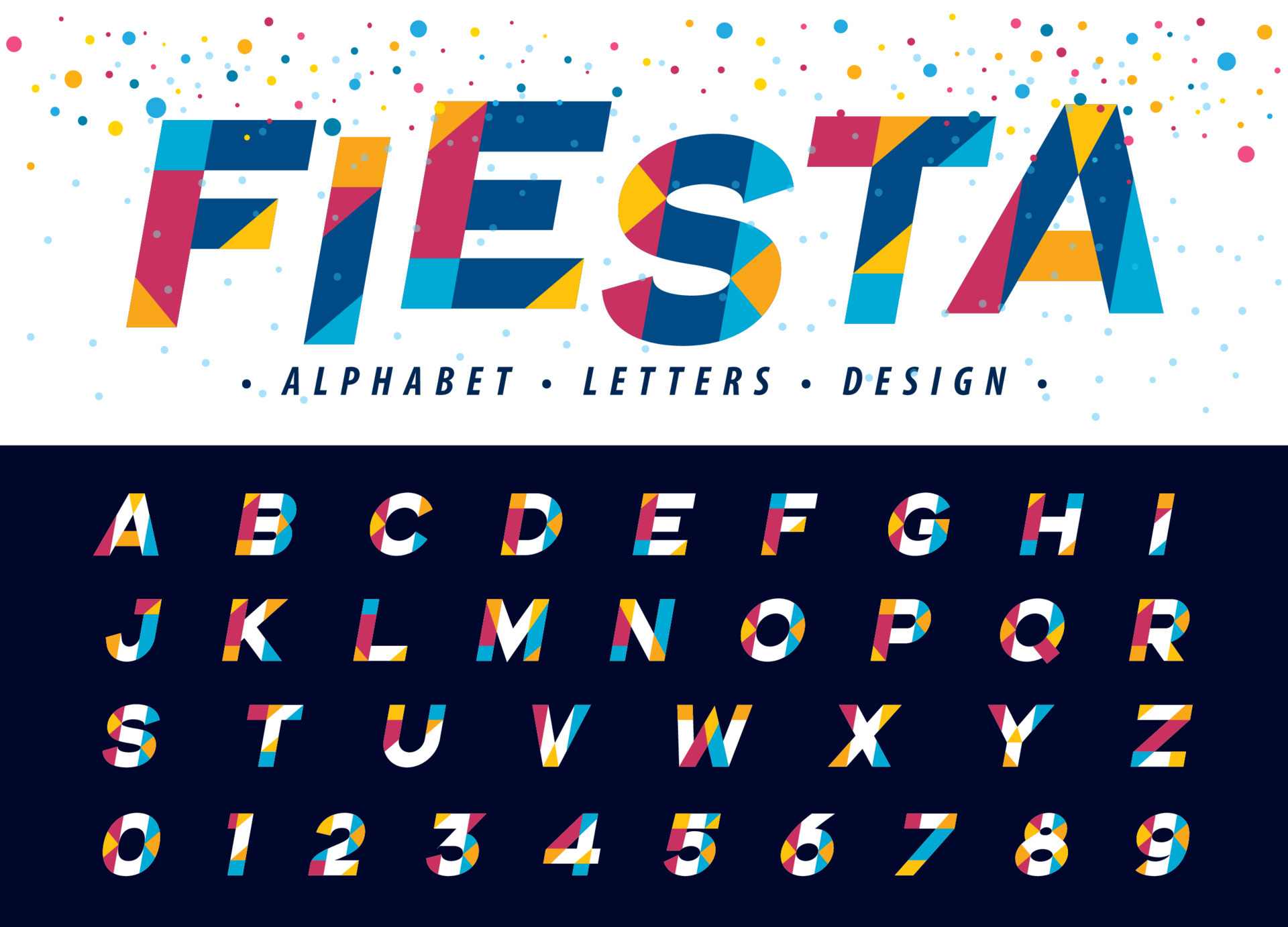 Fiesta Geometric italic Alphabet Letters and numbers, Modern Colorful