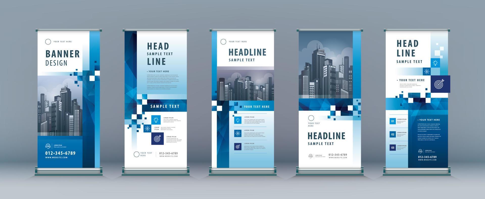 Square Blue Pixel Business Roll Up Set. Standee Banner Template Design. vector
