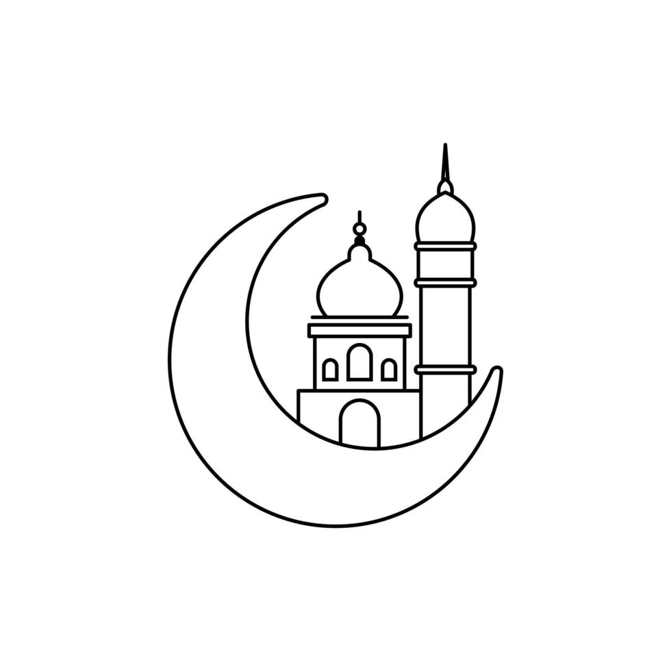 icono de vector de contorno de luna musulmana y mezquita. símbolo de ramadán kareem, ilustración vectorial
