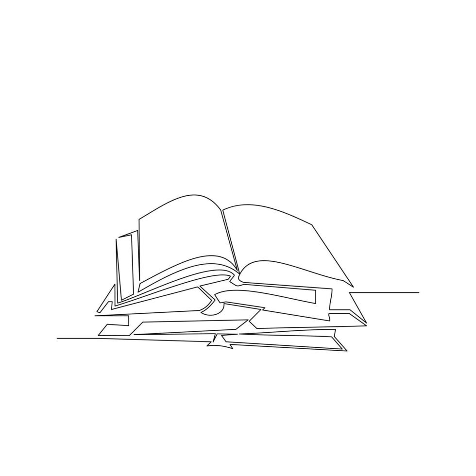 Draw a continuous line of piles of library books on the table. Business and education concepts. Vector