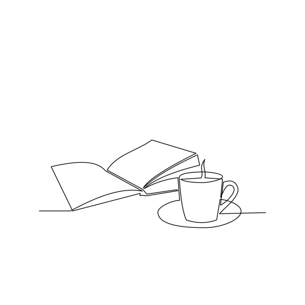 dibuje una línea continua de pilas de libros con una taza de café encima de la mesa de la biblioteca. conceptos de negocios y educación. ilustración vectorial vector