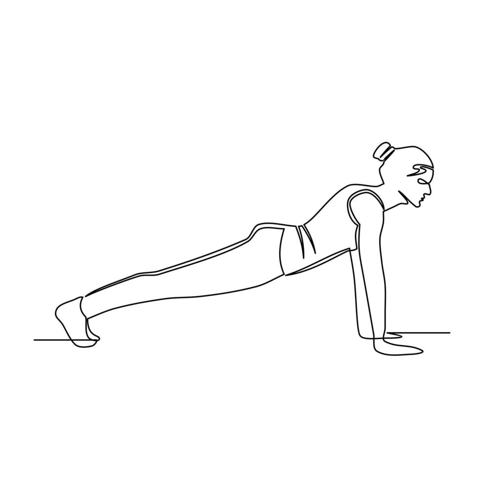dibujo en línea de una joven entrenando haciendo flexiones en un gimnasio de entrenamiento físico. plantillas para sus diseños. ilustración vectorial vector